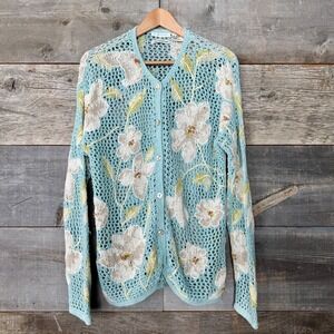 Mark Fore & Strike Hand Knitted Floral Crochet Cardigan L Blue Coastal Grandma